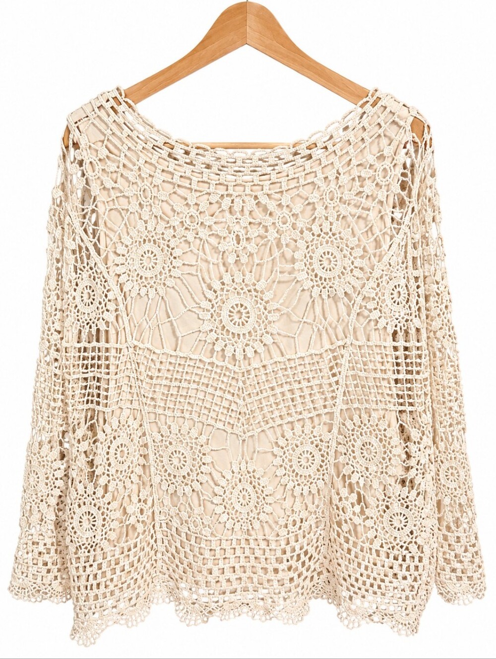 Ultra Pink Crochet Lace Boho Sweater Cover Up Cream Open Knit Top Size L